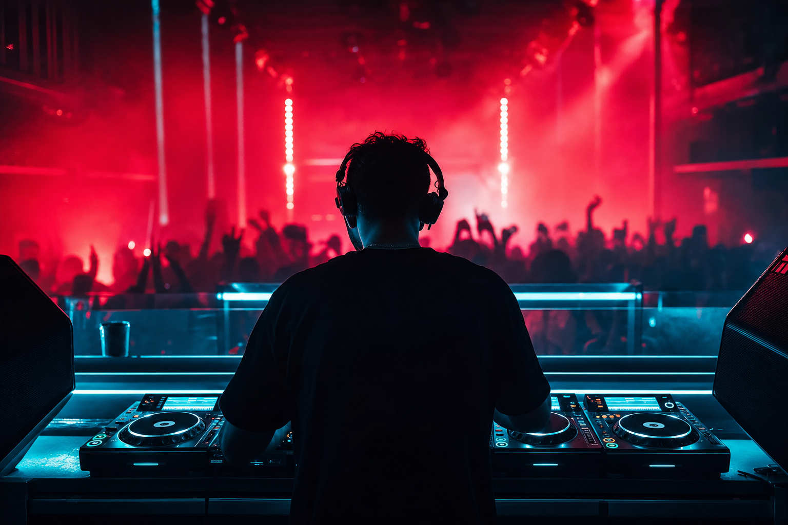 DJ silhouetted behind decks at a packed nightclub with cyan and coral lighting
