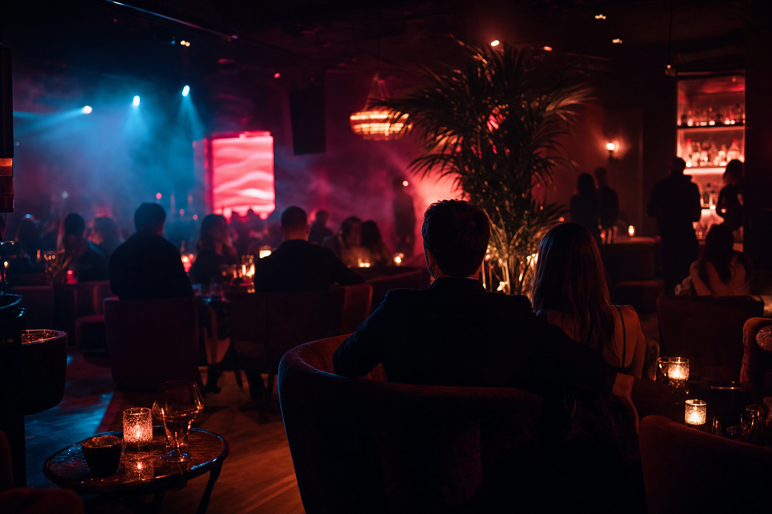 Dark intimate lounge with candlelit tables and warm coral lighting