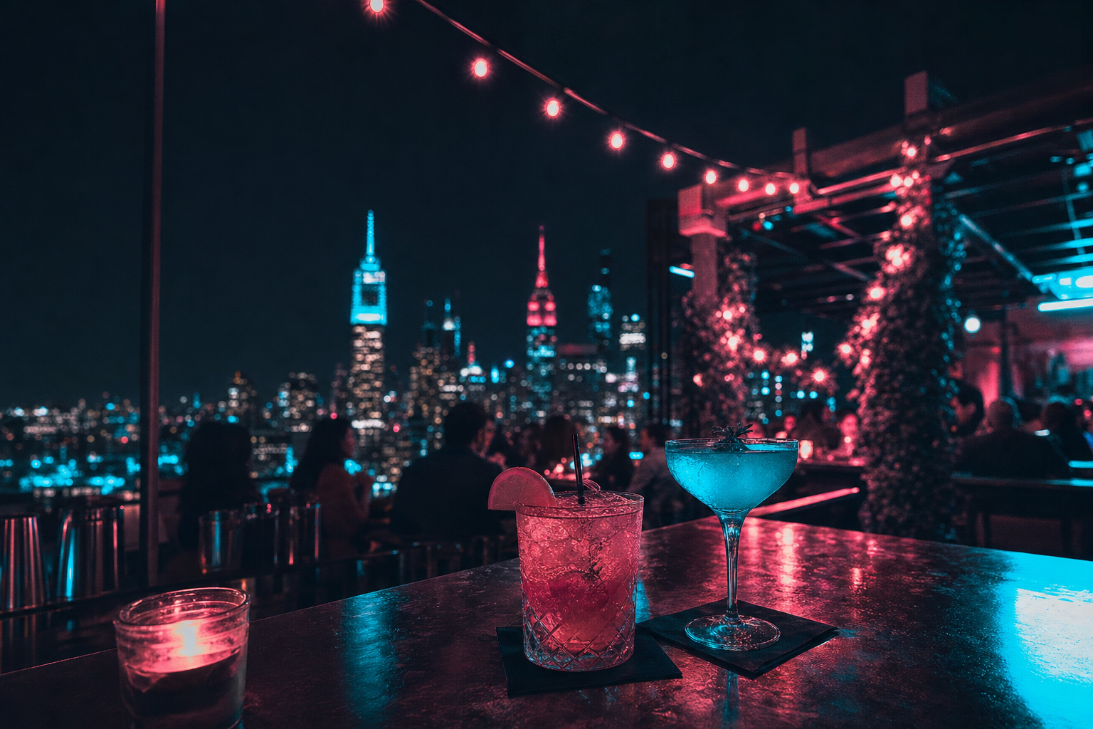 Cocktails on a rooftop bar with the New York City skyline glowing in cyan and coral neon